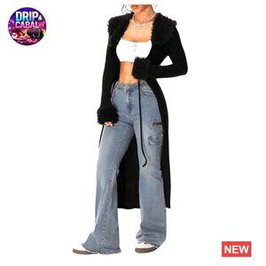 Faux Fur Trim Long Cardigan Y2K Knitted Sweater Open Front Tie Up Cozy